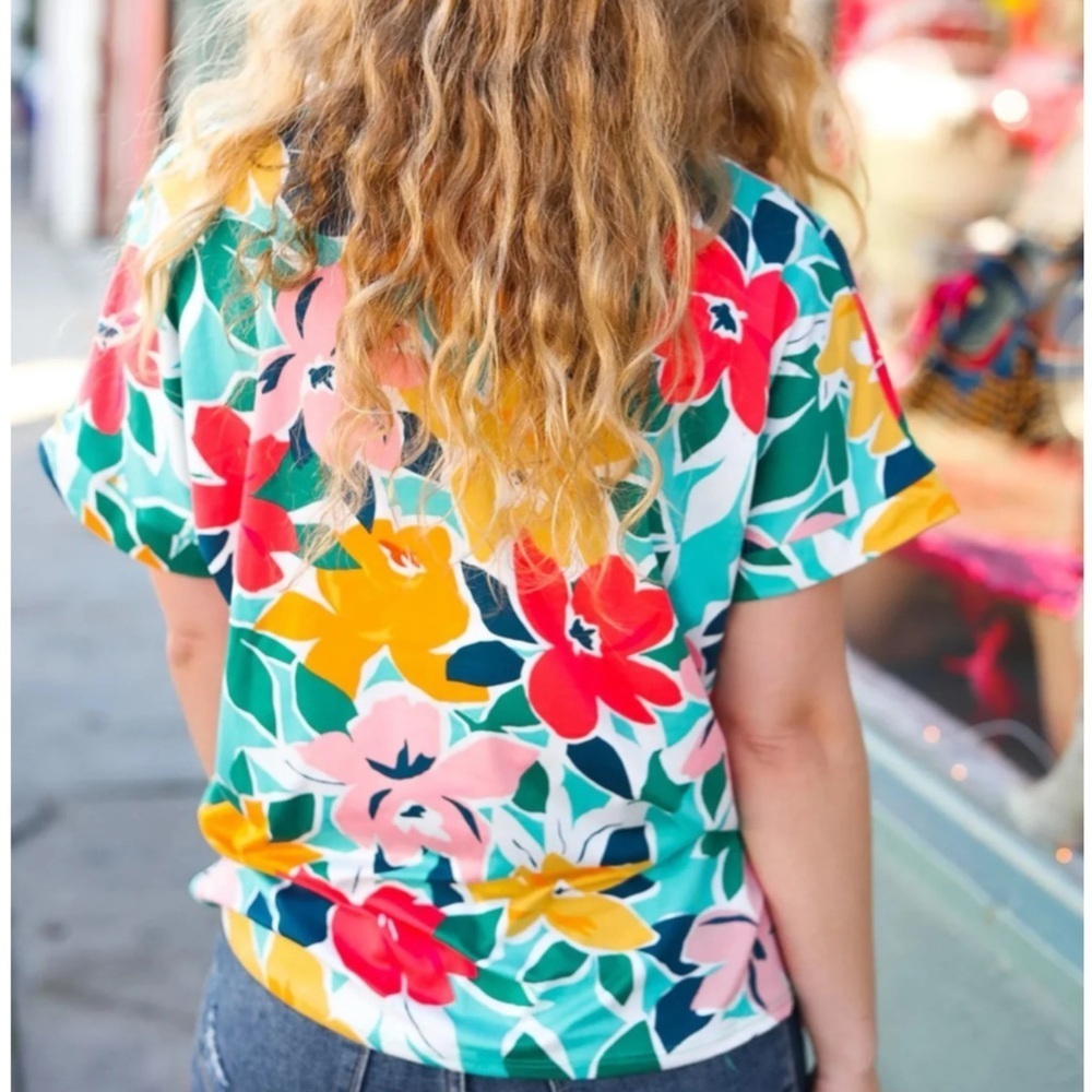 HAPTICS Teal Coral Floral V Neck Top Super Soft Blouse Short Sleeve New 2XL - Picture 6 of 6